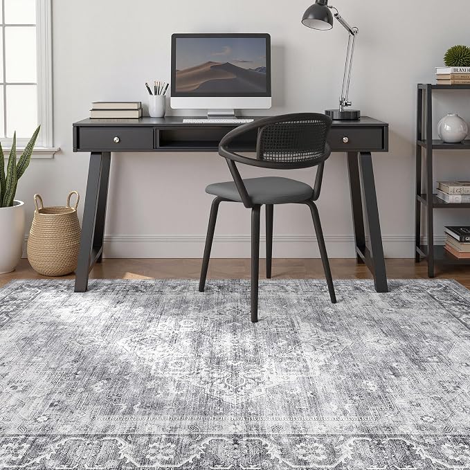 6x9 Area Rugs Living Room: Washable Boho Large Neutral Vintage Soft Rug Stain Resistant Farmhouse Non-Slip Indoor Floor Carpet for Bedroom Nursery Kids Playroom Office Dining Room- Gray