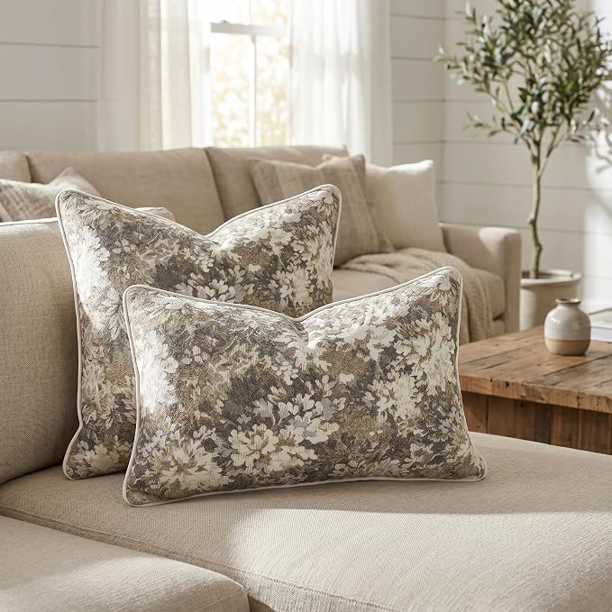 Vintage Floral Throw Pillow Covers 12x20 Inches Set of 2 Lumbar Boho Farmhouse Pillow Cases Premium Chenille Textured Decorative Cushion Covers for Couch Retro Garden Farmhouse Style Taupe