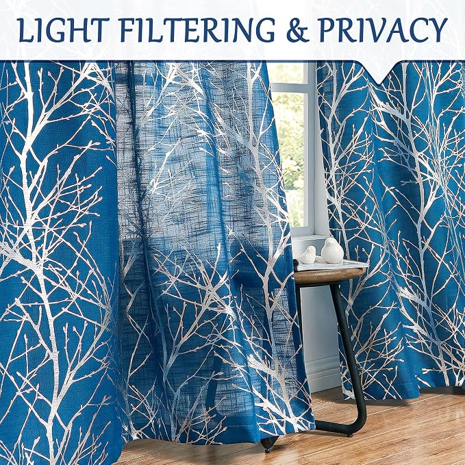 FMFUNCTEX Linen Semi Sheer Curtains for Bedroom & Living Room, Silver Metallic Print Navy Blue Tree Panel, Light Filtering, 63 Inches Long, 2 Panels