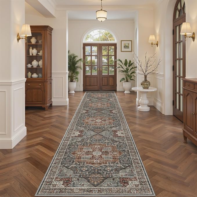 Washable Runner Rug 2.6x12 Runners for Hallways, Ultra-Thin Carpet Runners for Entryway, Non Slip Backing Runner Rugs for Kitchen Laundry Room Indoor Hallway (Grey/Brown/Tan)