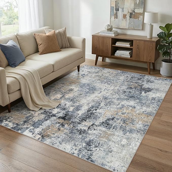 WITSHOCK Area Rugs 5x7 Living Room Rug - Washable Neutral Soft Low Pile Non-Slip Modern Abstract Thin Large Indoor Carpet for Bedroom Dining Room Nursery Office - Dark Blue Brown