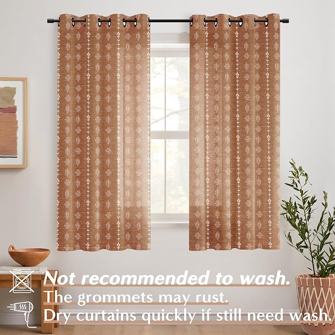 Hippie Boho Curtains 63 Inch Length Semi Sheer Terracotta Burnt Orange Vintage Linen Hippy Southwestern Window Curtains for for Bedroom Living Room