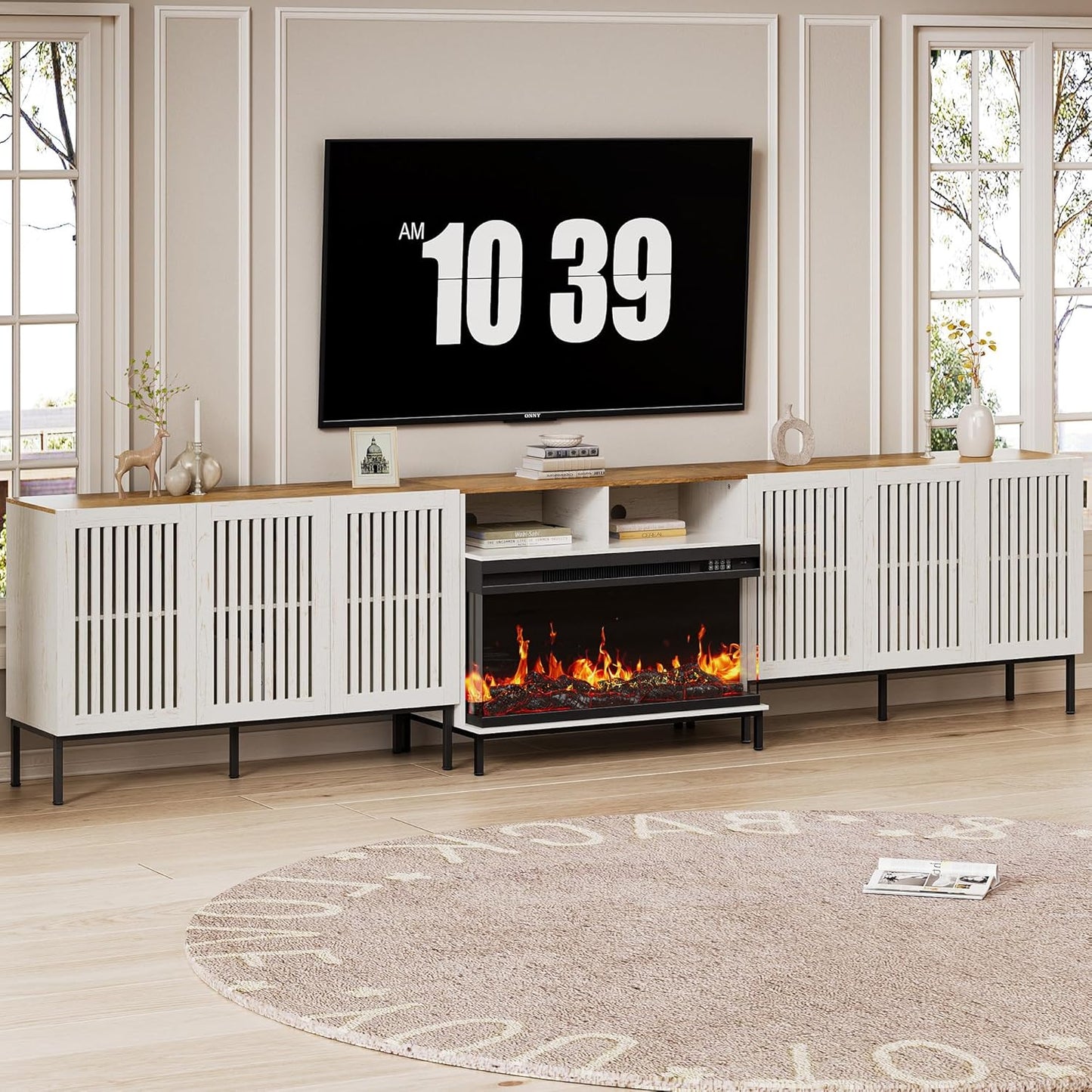 3-Sided Glass Farmhouse Fireplace TV Stand for TVs Up to 110 Inch, Entertainment Center with 36" Electric Fireplace, Antique White TV Console with Storage Cabinets for Living Room