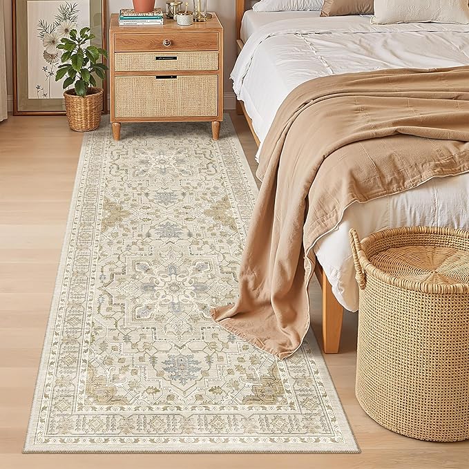 Madane Hallway Runner 3x8, Kitchen Rugs Washable Entry Rug, Beige/Blue | Vintage Non Slip Entryway Indoor Area Rugs, Soft Low-Pile Farmhouse Wide Carpet Runners for Bathroom Living Room Bedroom
