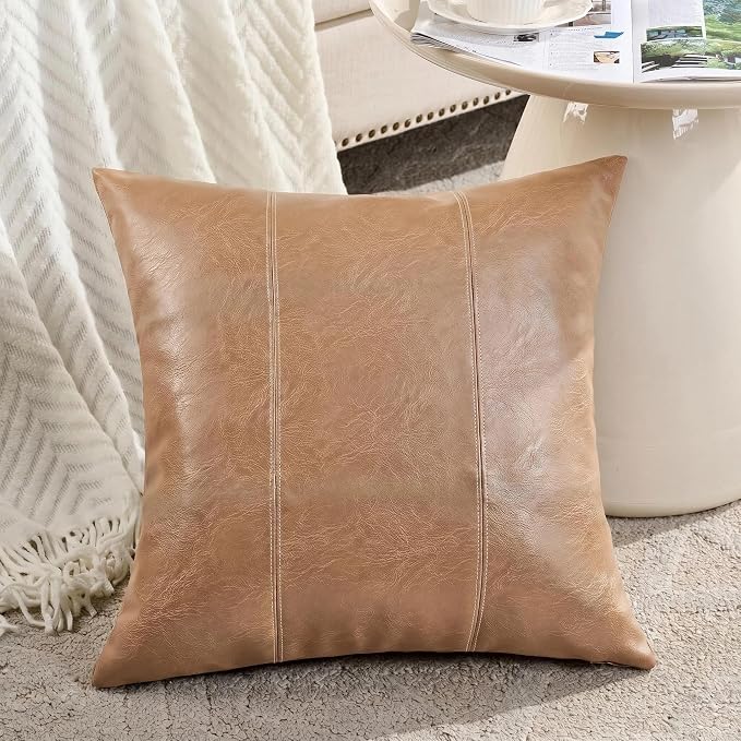 Fancy Homi Tan Decorative Throw Pillow Covers 18x18 Inch for Outdoor Couch Bed, Waterproof Faux Leather Hand Stitched Beige Square Cushion Case 45x45 cm, Modern Farmhouse Boho Home Decor