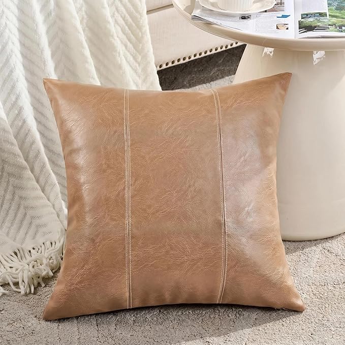 Fancy Homi Tan Decorative Throw Pillow Covers 16x16 Inch for Living Room Couch Bed, Modern Farmhouse Boho Home Decor, Faux Leather Hand Stitched Beige Accent Square Cushion Case 40x40 cm