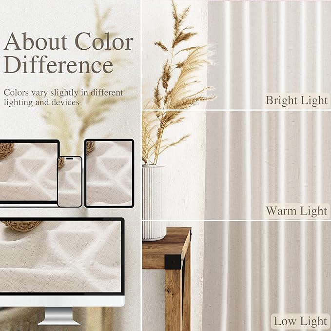 Extra Wide 100 Inch Linen Curtains for Living Room Divider Light Filtering Semi Sheer Back Tab Patio Curtains for Sliding Door Beige Coastal Decor Sunroom Floor to Ceiling Window Curtain 100x84