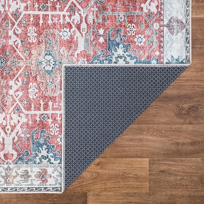 Bloom Rugs Washable Non-Slip 6' x 9' Rug - Red/Blue Traditional Area Rug for Living Room, Bedroom, Dining Room, and Kitchen - Exact Size: 6' x 9'