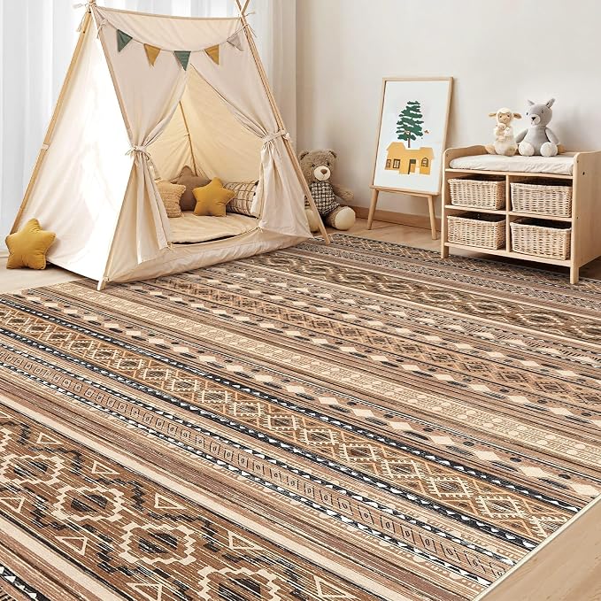 cotiled 10x14 Area Rugs Living Room Rug: Washable Boho Rugs with Non Slip Backing Large Soft Indoor Stain Resistant Carpet for Bedroom Farmhouse Dining Room Lightweight Home Decor Brown/Beige