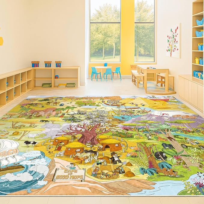 Large Kids Playroom Rug 8x10 – Desert Adventure Safari Animal Map Carpet with Lions, Elephants, Giraffes & Tribes – Educational Area Rug for Boys & Girls Bedroom, Classroom, or Reading Nook
