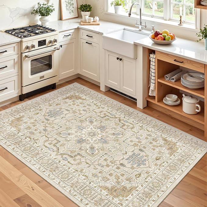 Madane Area Rug 3x5, Washable Vintage Entry Rugs for Bedroom, Beige/Blue | Vintage Entryway Bedroom Non Slip Door Mat Indoor Entrance, Kitchen Runner Living Room Laundry Playroom Soft Floor Carpets