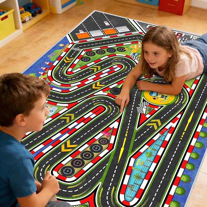 Kids Racing Rug 39''x59'' Car Road Kid Rug Carpet Playmat for Playoom Traffic Road Kid Play Mat for Bedroom，Kids Educational City Traffic Road map Fun Carpet (Blue)