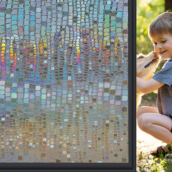 Windimiley Rainbow Window Privacy Film, 3D Stained Glass Christmas Decorative Window Clings, UV Heat Blocking Holographic Prism Stickers for Home (35.4 x 78.7In,Brown)