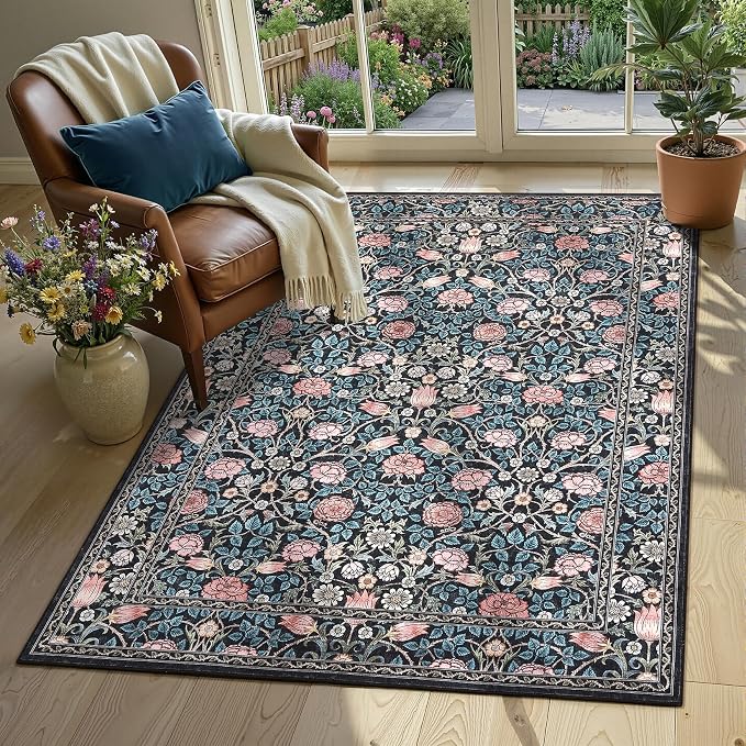GarveeHome Indigo Blue and Pink Vintage Floral Small Rug 2x3 Door Mat Indoor Rugs for Entryway Washable Non-Slip TPE Backing Soft Low-Pile Rugs for Bathroom Bedroom Kitchen