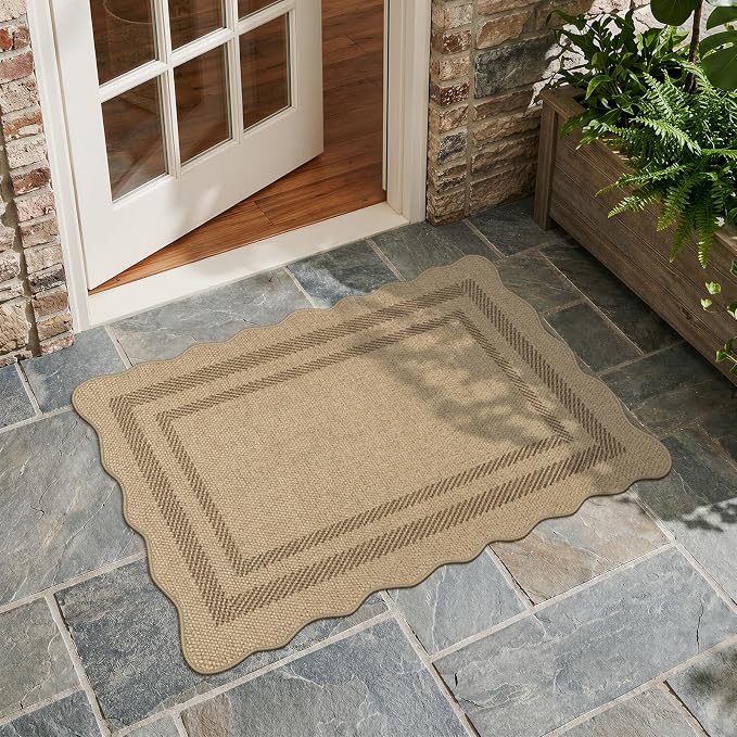 LIVEBOX Scalloped Easy Jute Kitchen Rug, 2x3 Front Door Mat Indoor Outdoor Small Entryway Rug, Washable Non Slip Farmhouse Area Rug, Tan Neutral Modern Carpet Outdoor Doormat for Porch Doorway Foyer