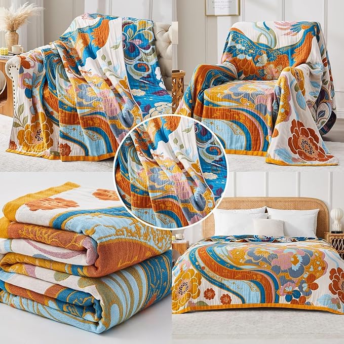 Boho Blanket Soft Muslin BohoThrow Blanket, 100% Cotton Floral Printed Farmhouse Decor All Season Reversible Rustic Throw for Sofa Couch Chair (60"x80")