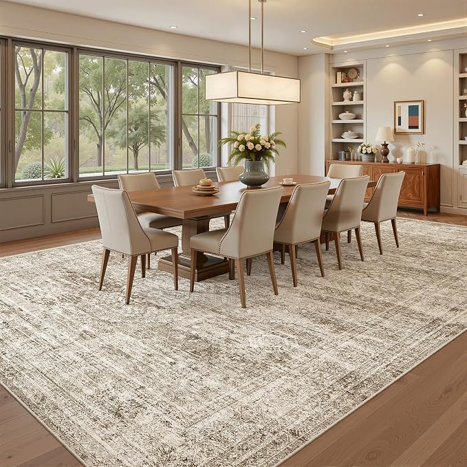 Soalmost Area Rug 10x12 Vintage Washable Living Room Large Carpet Non Slip Bedroom Indoor Office Dining Room Low Pile Thin Rug Brown