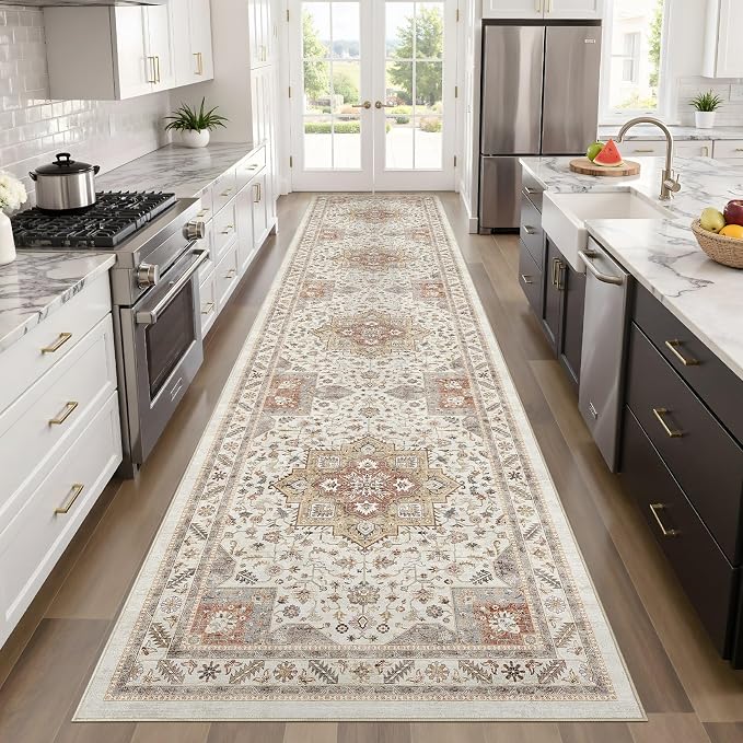 Vintage Hallway Runner Rug 3x10: Large Soft Washable Entryway for Kitchen Laundry Room Non-Slip Backing Runner for Entrance Living Room Bedroom Bathroom - Orange