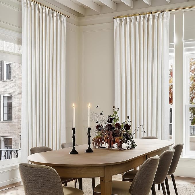 98 Inch Long Curtains Pinch Pleat Linen Curtains for Living Room Bedroom 2 Panels Natural Cream Light Filtering Privacy Neutral 98 Inch Pleated Drapes Hooks Rings Back Tab for Window Treatment