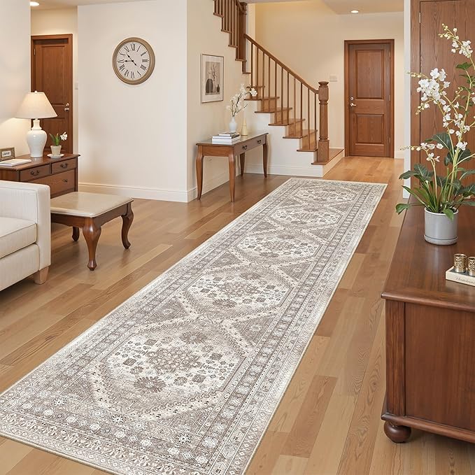 2'6" x 12'Non Slip Runner Rugs - Runners for hallways, Kitchen,Entryway,Stain Resistant Washable Rugs for Bedroom, Indoor Vintage Area Rugs (Brown/Beige,2'6" x 12')