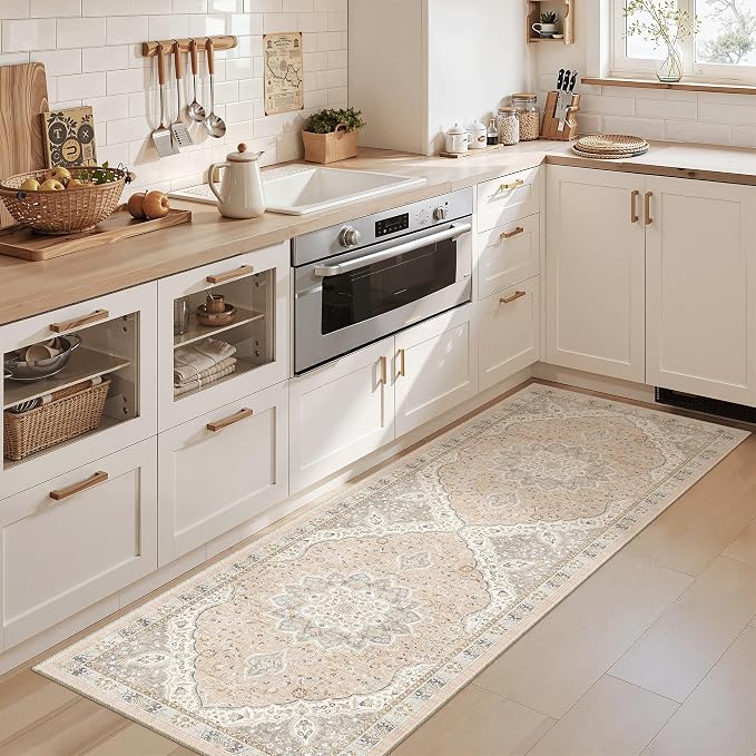 Madane Washable Runner Rug 2x6 Runners for Hallways Non Slip, Pink/Gray | Vintage Stain-Resistant 6 Feet Kitchen Rug, Soft Low-Pile Ultra-Thin Floor Carpet Mat for Bathroom Laundry Room Bedroom 2x6ft