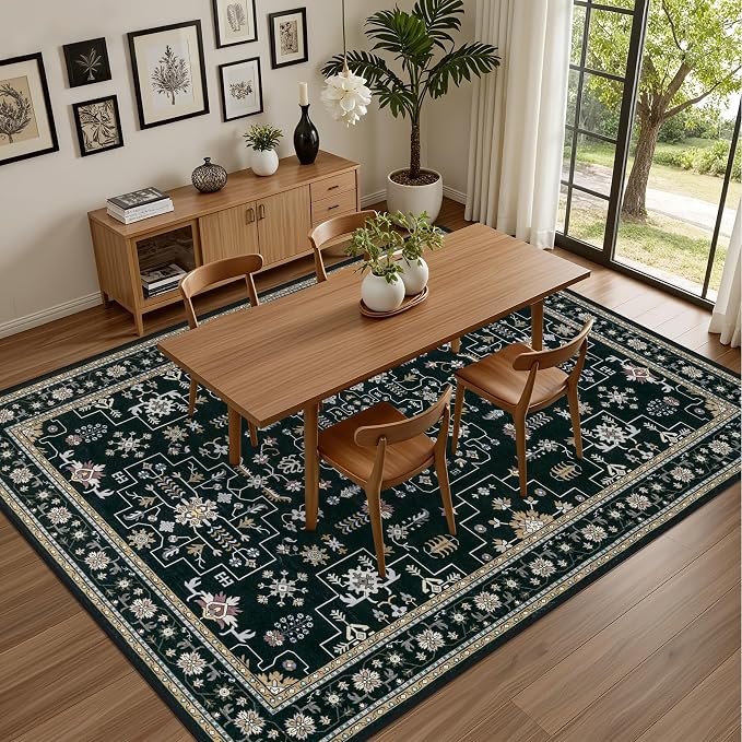 Area Rugs 9x12 Living Room Rug: Washable Rug Soft Vintage Boho Medallion Carpet Indoor Floor Non-Slip Stain Resistant Large Carpets for Bedroom Dining Room Farmhouse Nursery Home Office Black