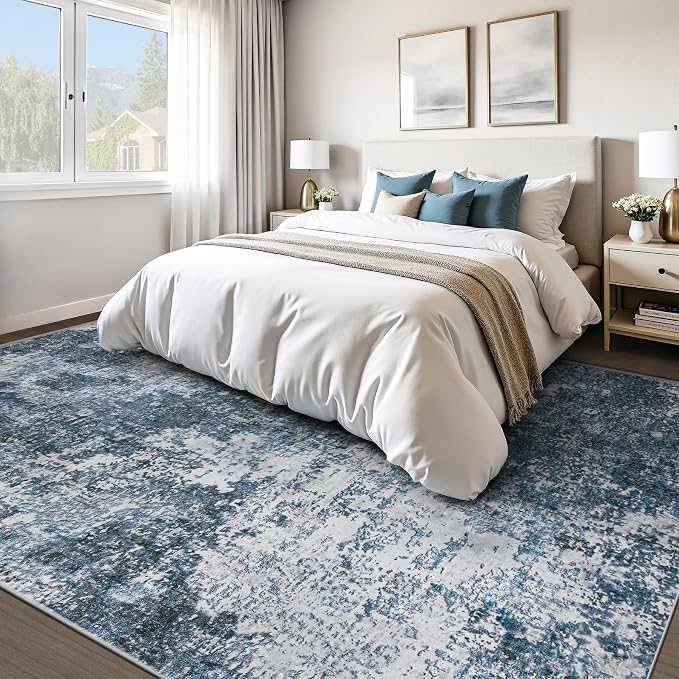 pmtsns Area Rugs 9x12 for Living Room: Washable Rug Modern Abstract Neutral Soft Non-Slip Low-Pile Indoor Large Carpet for Bedroom Dining Room Playroom Home Office (Blue Grey, 9'x12')