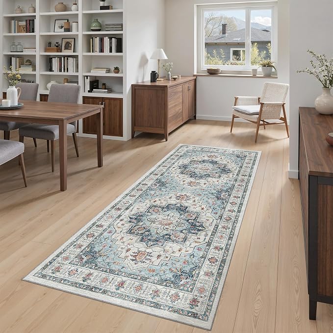 Madane Washable Runner Rug 3x6 Runners for Hallways Non Slip, Blue | Vintage Stain-Resistant 6 Feet Kitchen Rug, Soft Low-Pile Ultra-Thin Floor Carpet Mat for Bathroom Laundry Room Bedroom 2x6ft