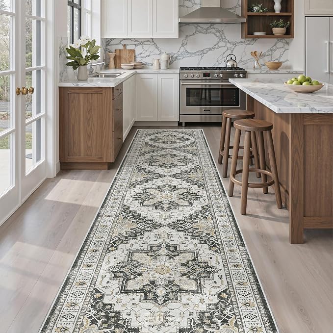 Madane Hallway Runner Rug 2'6''x12' Kitchen Runners Vintage, Black | Non-Slip Washable Rugs 12ft for Laundry Room, Entryway and Bedroom, Soft Low Pile Stain-Resistant Wide 2.5x12 Ft Floor Carpet