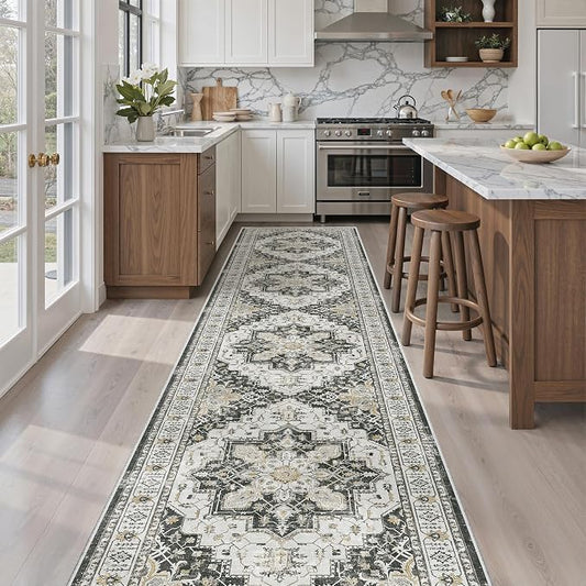 Madane Hallway Runner Rug 2'6''x12' Kitchen Runners Vintage, Black | Non-Slip Washable Rugs 12ft for Laundry Room, Entryway and Bedroom, Soft Low Pile Stain-Resistant Wide 2.5x12 Ft Floor Carpet