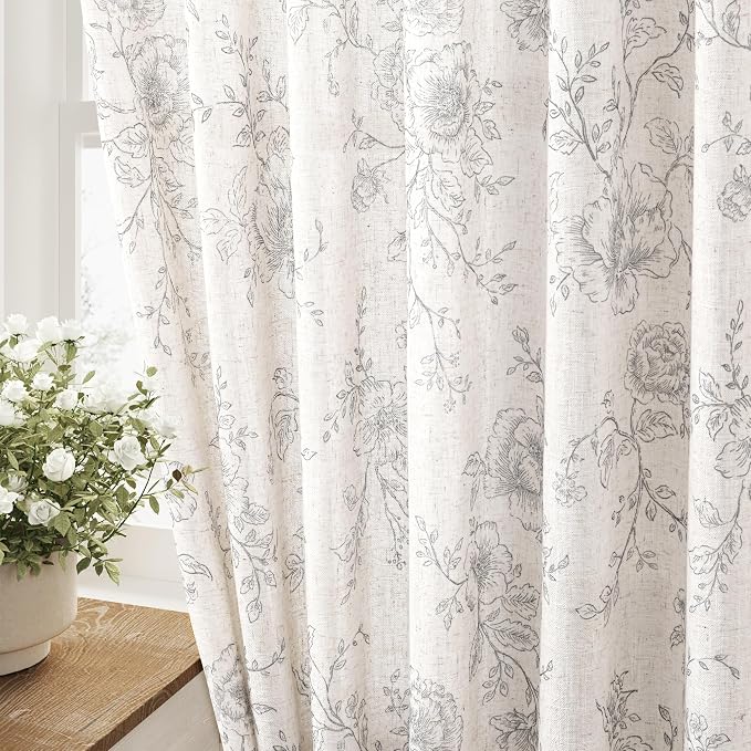 Vintage Floral Curtains - 96 Inch Long Grey Patterned Sketch Print Burlap Textured Farmhouse Country Shabby Chic Back Tab Cream Linen Drapes for Living Room & Bedroom