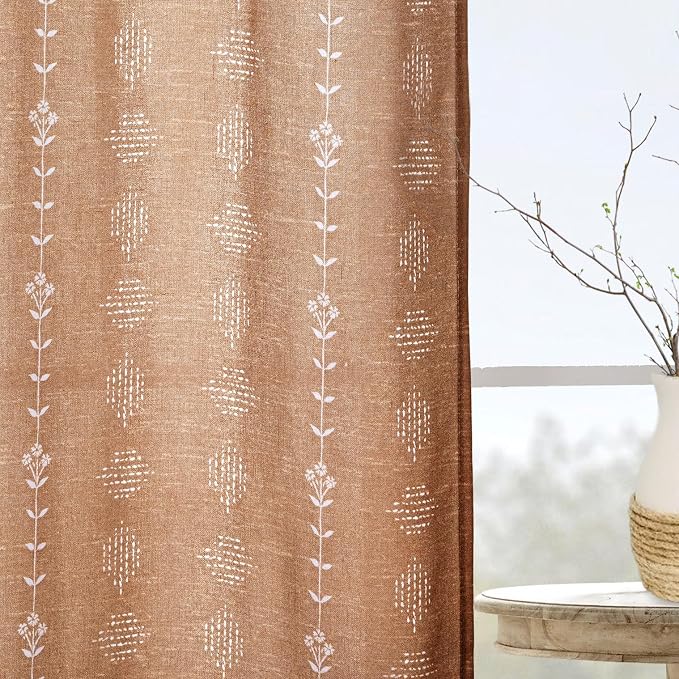Hippie Boho Curtains 63 Inch Length Semi Sheer Terracotta Burnt Orange Vintage Linen Hippy Southwestern Window Curtains for for Bedroom Living Room