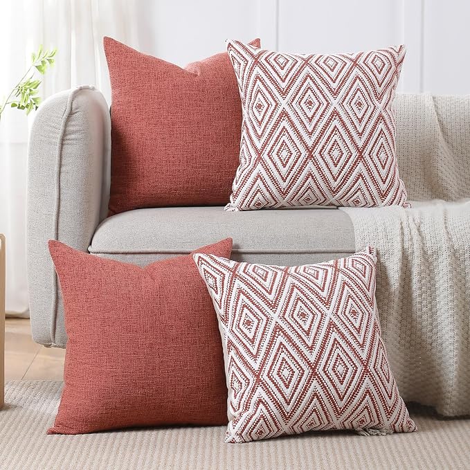 HPUK Throw Pillow Covers 20x20 Inch Set of 4, Linen Decorative Pillow Covers, Accent Cushion Covers for Couch Sofa Bed Bedroom Living Room Décor, Coral