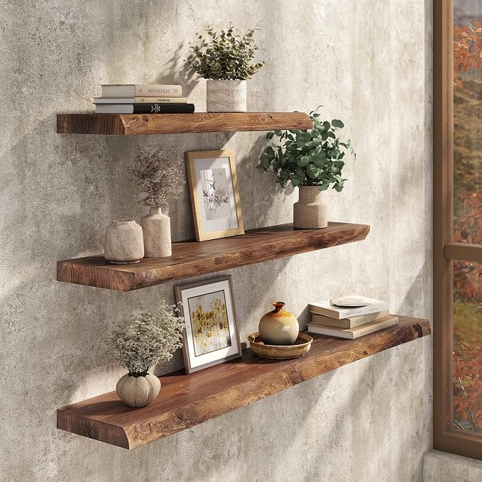 Live Edge Floating Shelves Set of 2, 24 Inch Solid Elm Wood Wall Shelves - Invisible Bracket Mount for Living Room, Bedroom, Kitchen, Bathroom | Vintage Rustic Decor