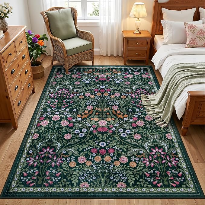 Area Rug Living Room Rugs: Floral 3x5 Washable Rug Vintage Soft Boho Non-Slip Carpet Indoor Floor Stain Resistant Large Carpets for Bedroom Dining Room Farmhouse Nursery Hallway Dark Green