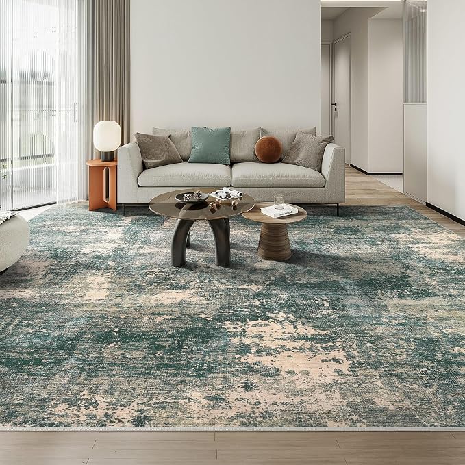 Abstract 10x14 Area Rug: Machine Washable Non Slip Ultra Thin Low-Pile Carpet, Soft Stain Resistant for Living Dining Room Bedroom, Kid Pet Friendly, Robot Vacuum Compatible - Dark Green/Beige