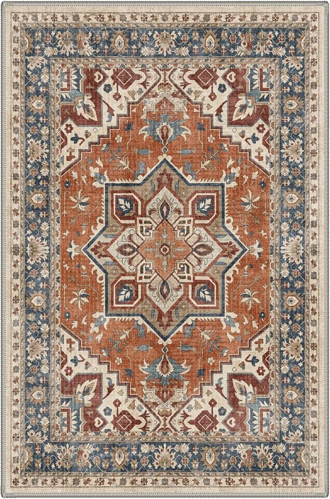 GENIMO 2x3 Rug Machine Washable Low Pile Indoor Entryway Mat for Kitchen Entrance Front Door Bathroom with Non Slip Backing Floral Medallion Dusty Terracotta