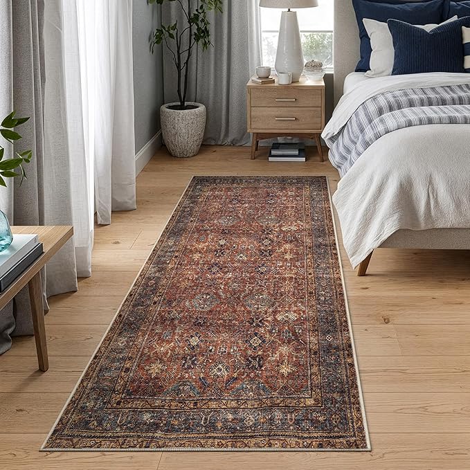 Bloom Rugs Washable Non-Slip 7 ft Runner - Terracotta/Mustard Traditional Runner for Entryway, Hallway, Bathroom, and Kitchen - Exact Size: 2.5' x 7'