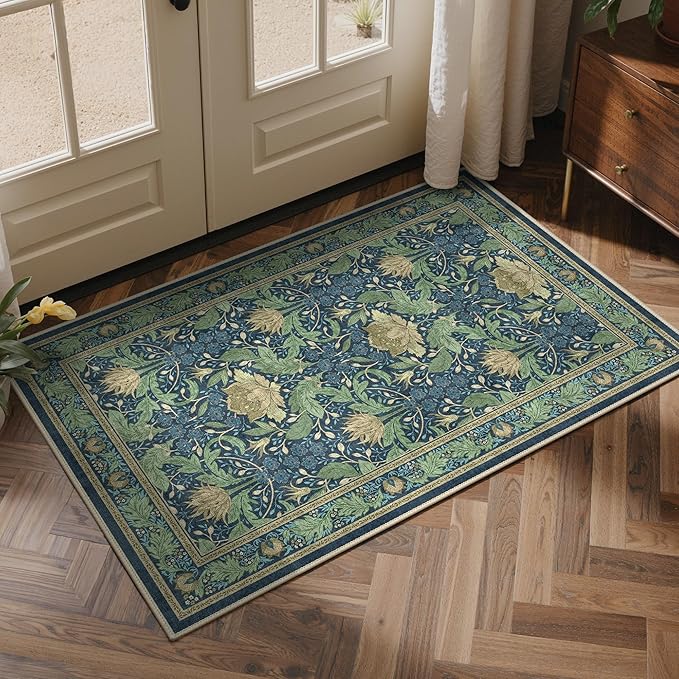 Bavni 3x5 Area Rugs, Floral Machine Washable Rugs for Living Room, Dinning Room, Bedroom, Non Slip Aesthetic Vintage Low Pile Durable Lightweight Farmhouse Rug, Tea Green/Blue
