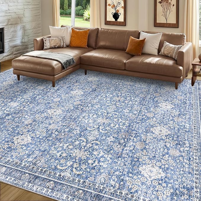 Sasttie 8x10 Area Rugs, Ultra-Soft Washable Rug, Low Pile Foldable Thin Carpets with Non-Slip Backing, Skin-Friendly Stain Resistant Carpet for Living Room, Bedroom, Kitchen, Dorm, 8x10, Blue