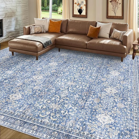 Sasttie 8x10 Area Rugs, Ultra-Soft Washable Rug, Low Pile Foldable Thin Carpets with Non-Slip Backing, Skin-Friendly Stain Resistant Carpet for Living Room, Bedroom, Kitchen, Dorm, 8x10, Blue