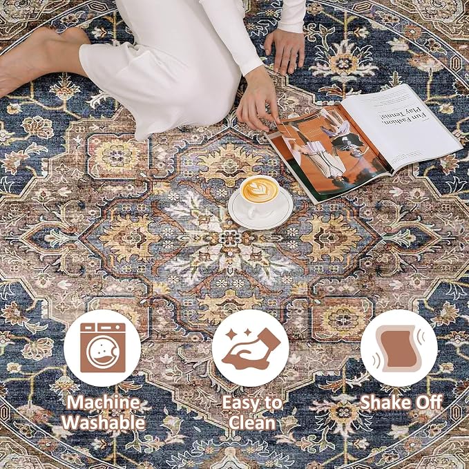 Round Rug Living Room Rugs: 7x7 Washable Boho Neutral Large Circle Soft Indoor Floral Stain Resistant Floor Farmhouse Carpet for Bedroom Nursery Kids Playroom Office Dining Room Dorm- Yellow Blue