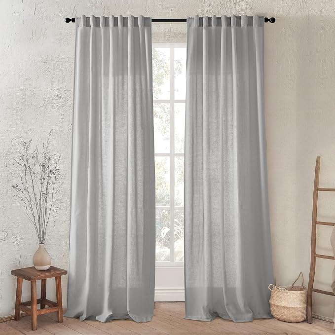 XTMYI Gray Curtains 96 Inches Long,Sheer Linen Back Tab Hooks Pleat Light Weight Modern Stylish Curtains for Living Room 96 Inch Length 2 Panel Set,Grey