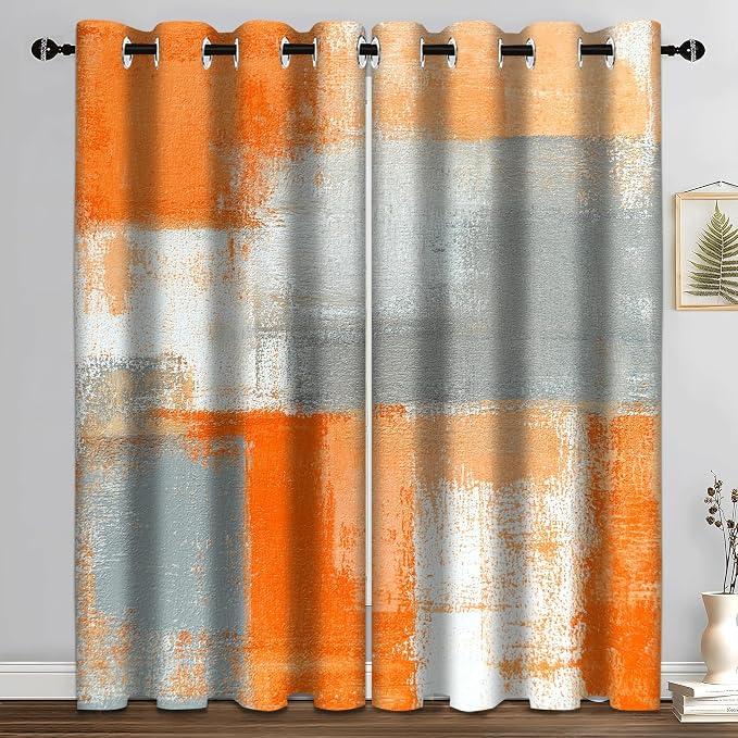 iTapnoom Abstract Orange Grey Blackout Curtains, Beige Aesthetic Art Painting Window Drapes Darkening Grommet Window Curtains for Living Room Bedroom Decor 2 Panels 52"x63" Inch