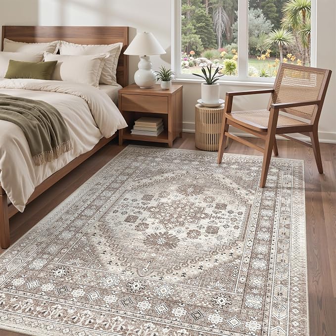 befbee 5x7 Area Rugs for Living Room,Stain Resistant Washable Rug,Non-Slip Backing Rugs for Bedroom,Kitchen,Printed Vintage Home Decor Rug (Brown/Beige, 5'x7')