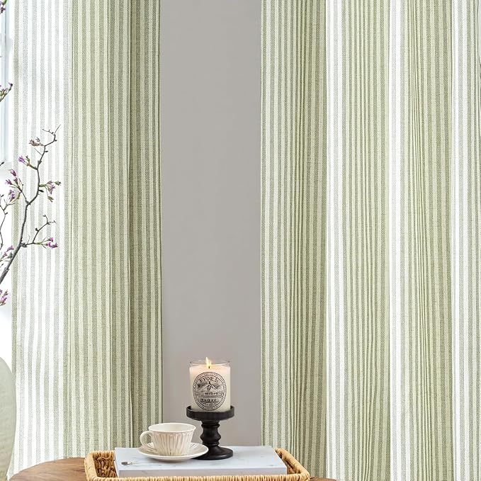jinchan Linen Curtains 108 inch Sage Green Stripe on Beige Grommet 2 Panels | Curtains for Living Room Bedroom,Ticking Stripe Pattern,Pinstripe Farmhouse Rustic,Window Treatment,Light Filtering