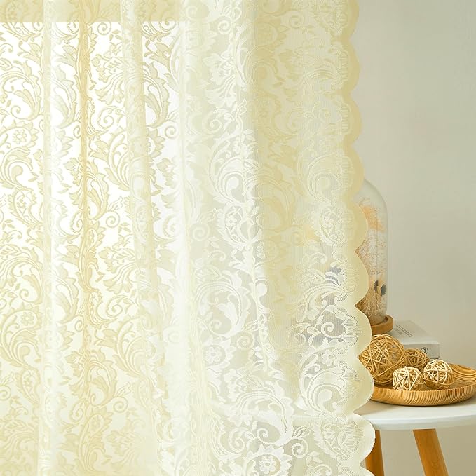 Bujasso Ivory Lace Sheer Curtains 84 inch Vintage Floral Sheer Window Curtain Panels for Living Room Bedroom Romantic Light Filtering Ivory Drapes Window Treatment Sets Grommet Top 2 Panels 54"Wx84"L