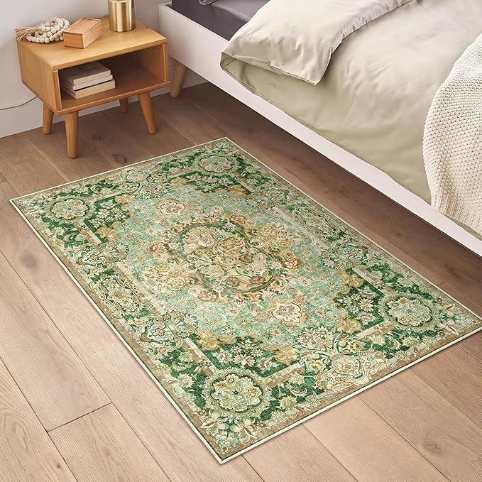 Boho Vintage Floral Area Rug 2x3, Low Pile Non Slip Washable Rug for Entryway Bathroom Bedroom, Small Decorative Carpet, Sage Green