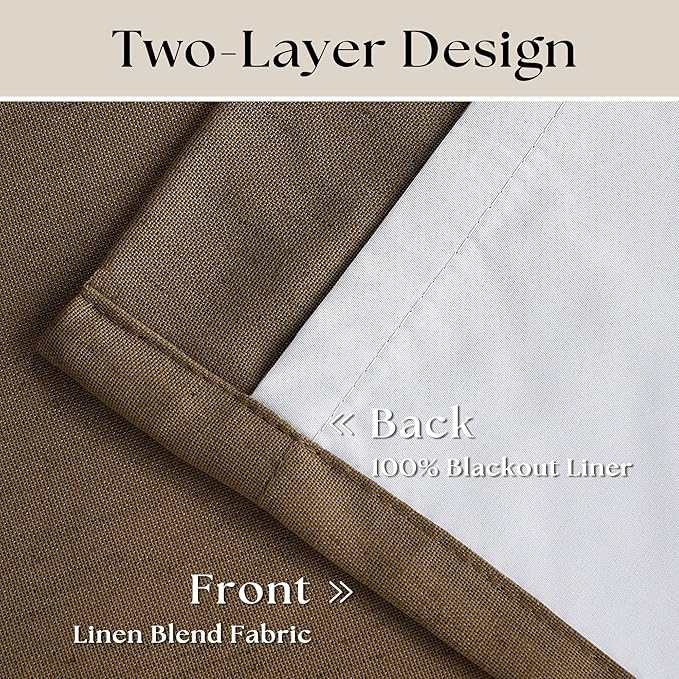 Dutch Cocoa Pinch Pleated Linen Blackout Curtains 2 Panels for Living Room Bedroom Thermal Insulated 100% Black Out Linen Drapes with Liner Room Darkening Window Curtains 40x63