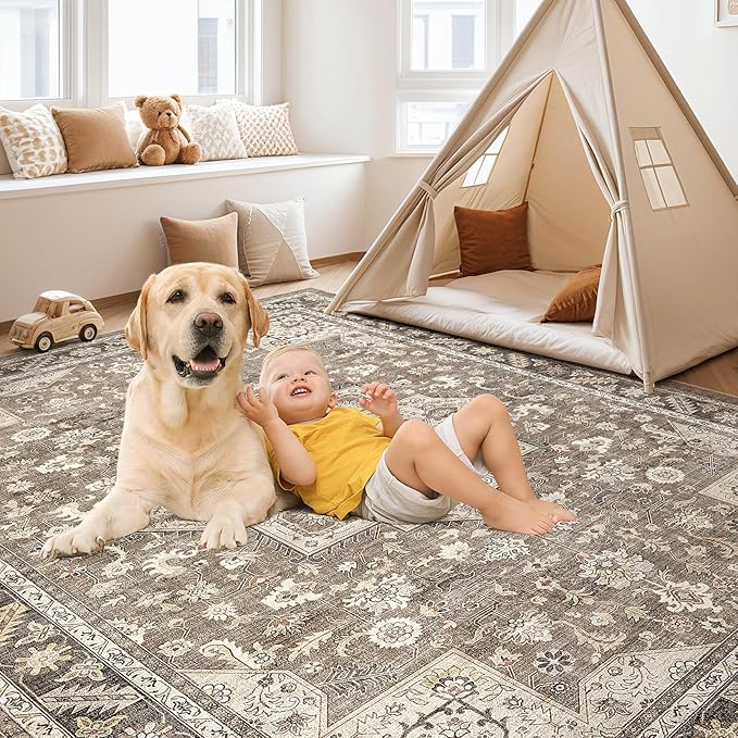 Vintage Living Room Area Rug 10x13 - Large Soft Washable Oriental Traditional Distressed Farmhouse Rugs for Bedroom - Indoor Floor Accent Carpet for Home Office House Decor - Brown